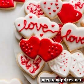 Valentine's Day sugar cookies with red and white icing.