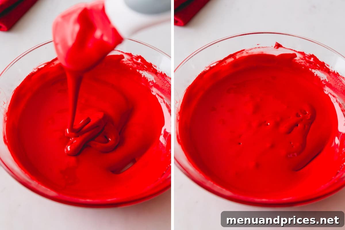 Sweetheart Sugar Cookie Delights 5 Two images showing a bowl of bright red royal icing.