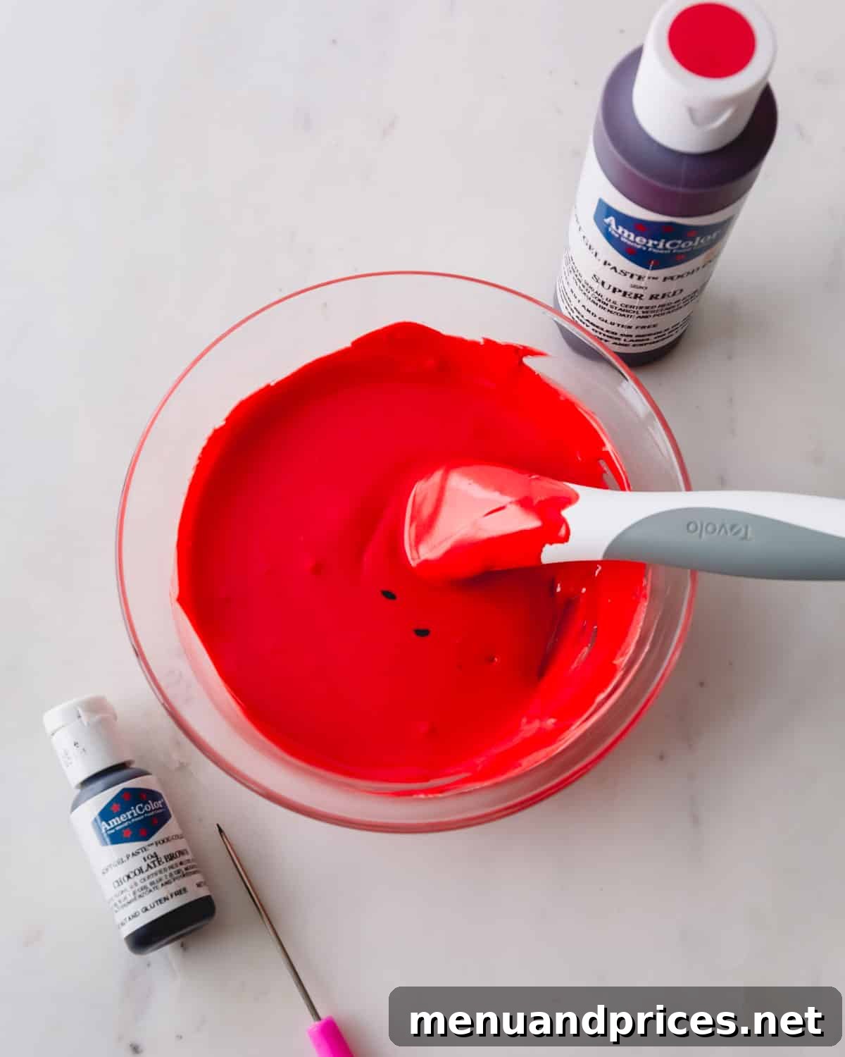Sweetheart Sugar Cookie Delights 6 A bowl of bright red royal icing.