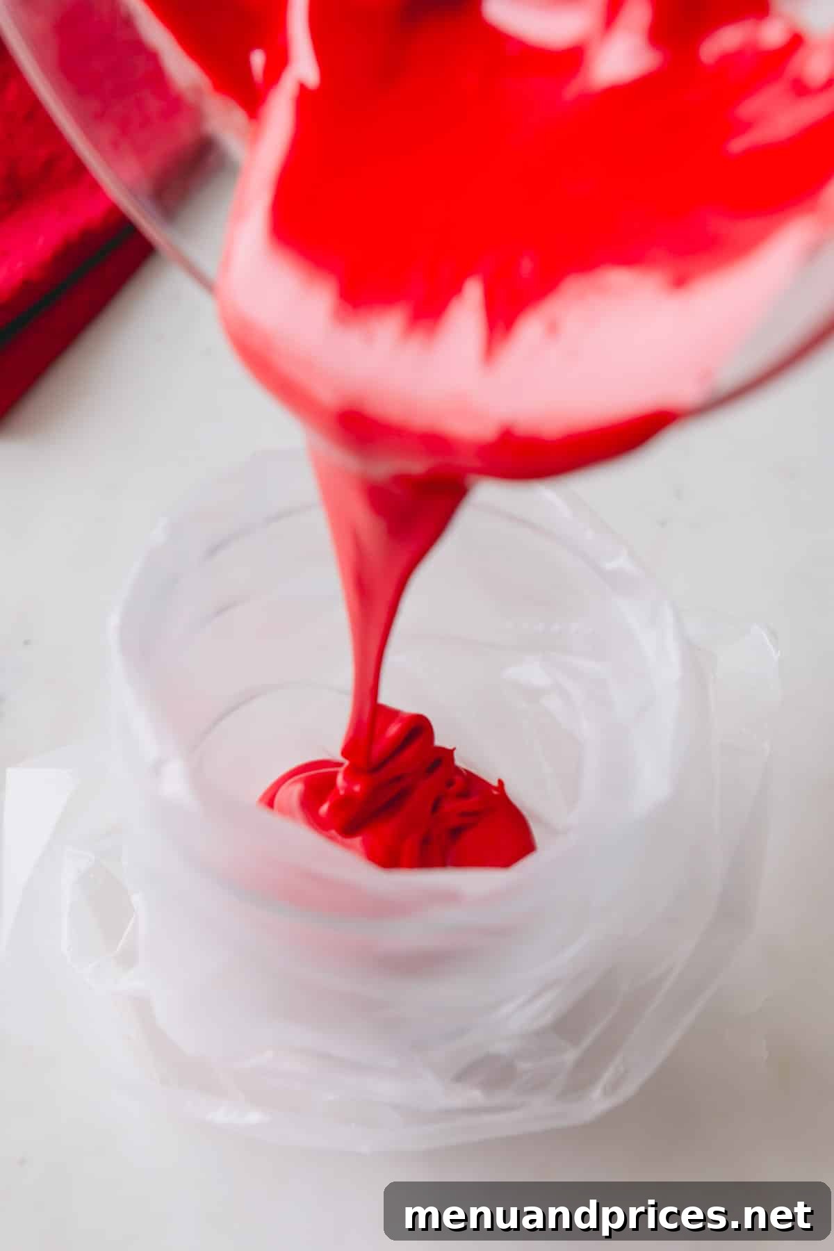 Sweetheart Sugar Cookie Delights 7 Red royal icing being poured into a piping bag.