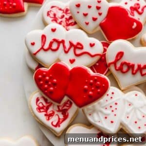 Valentine's Day sugar cookies with red and white icing.