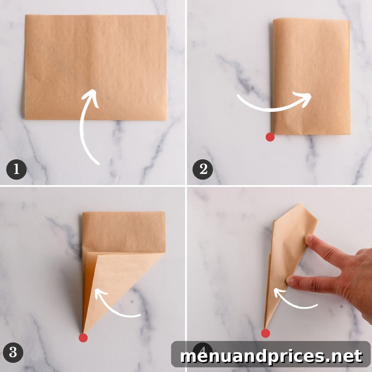 Achieving the Ideal Parchment Fit for Round Cake Pans 4 A 4-image collage illustrating the step-by-step process of folding a sheet of parchment paper into a multi-layered triangle, highlighting the critical closed corner.