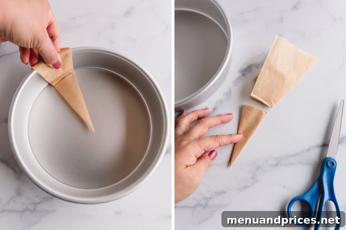 Achieving the Ideal Parchment Fit for Round Cake Pans 5 Side-by-side image illustrating the process of measuring the diameter of a cake pan with a folded parchment triangle.