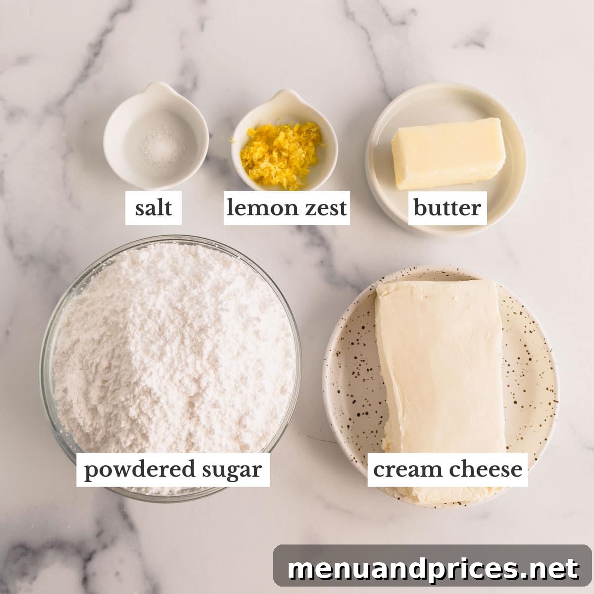 All the essential ingredients neatly arranged, ready to be transformed into luscious lemon cream cheese frosting.