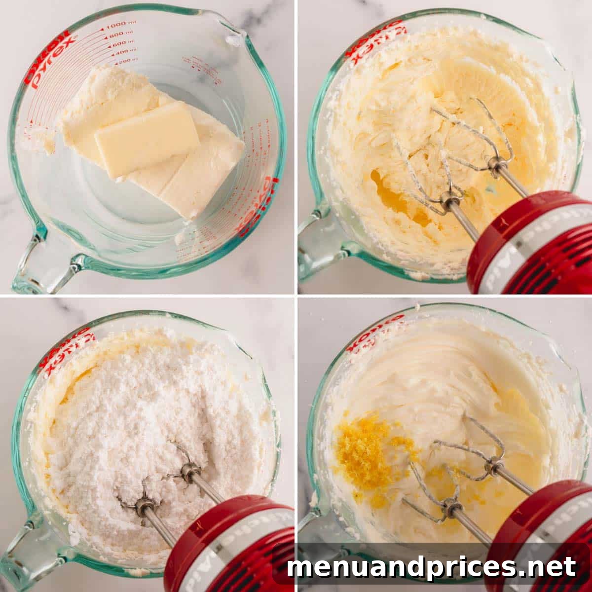A visual sequence showing the transformation of ingredients into smooth lemon cream cheese frosting through beating.