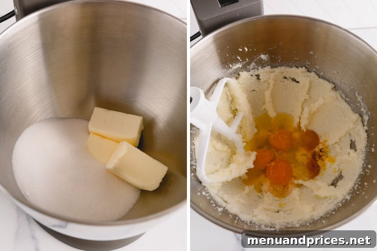 Sunshine Lemon Sheet Cake 6 A detailed two-part image illustrating the crucial steps of creaming butter and sugar until light and fluffy, followed by the incorporation and beating of eggs and other wet ingredients into the cake batter, showcasing the transformation of the mixture.