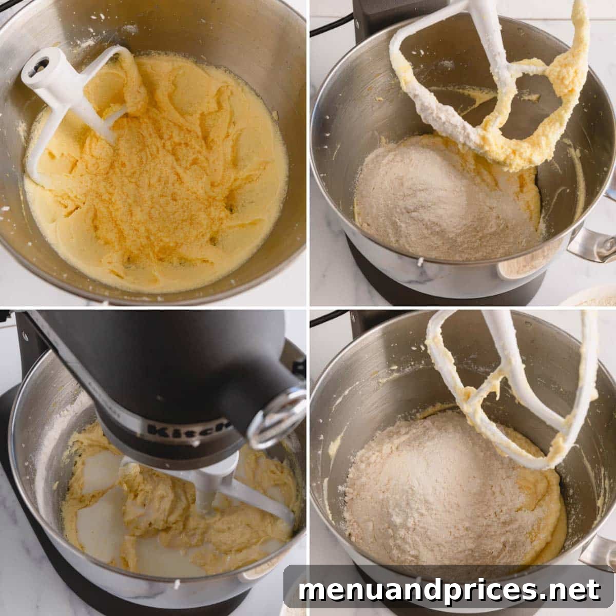 Sunshine Lemon Sheet Cake 7 A four-panel composite image demonstrating the sequential process of combining wet and dry ingredients for a lemon sheet cake, showing the gradual transformation of the batter to a smooth consistency.