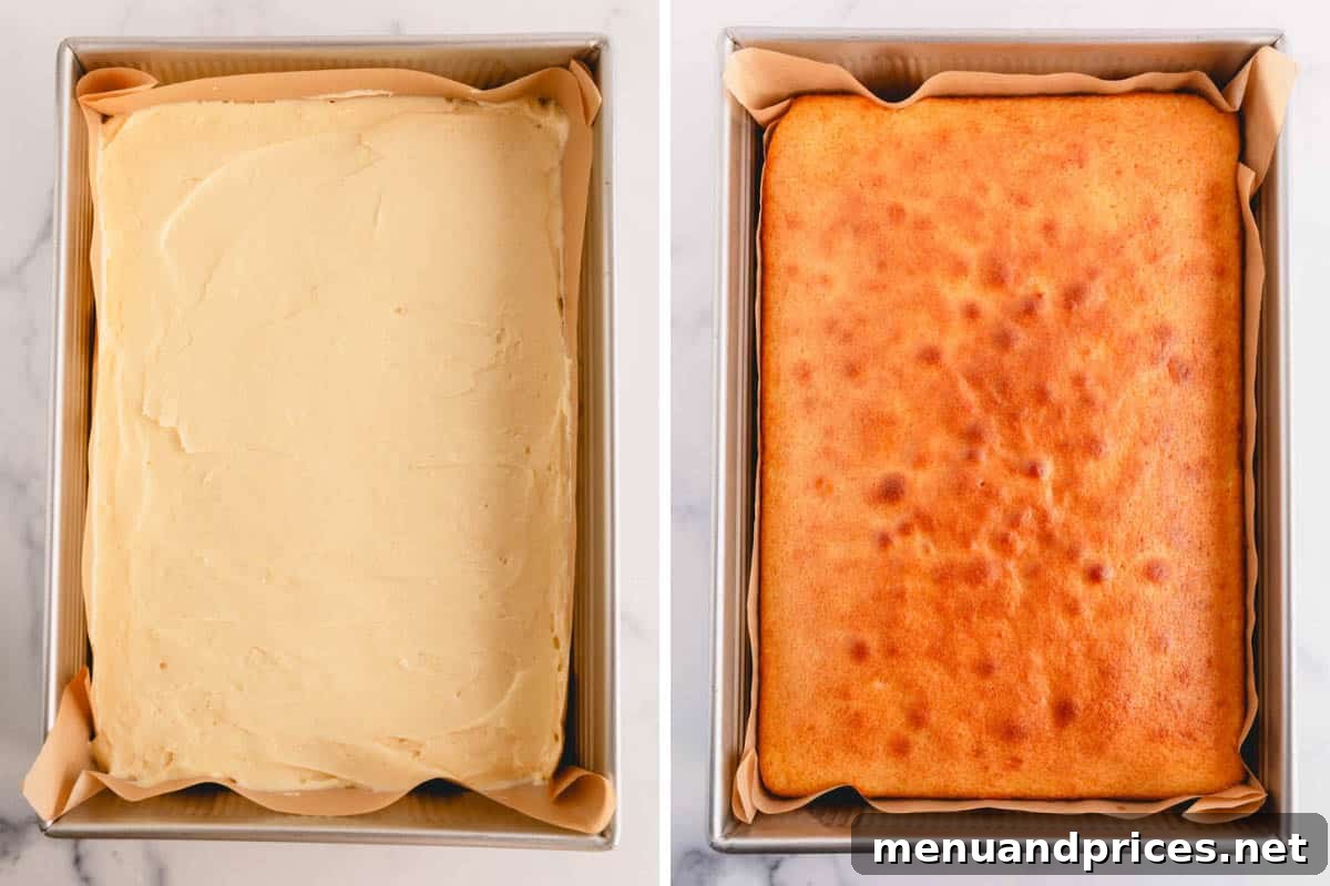 Sunshine Lemon Sheet Cake 9 A two-panel image showing the progression of the lemon sheet cake: unbaked batter neatly spread in a baking pan on the left, and the golden-brown, perfectly baked cake cooling in the same pan on the right.