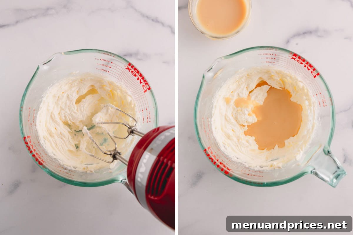 Luxe Chocolate Russian Buttercream 5 Two side-by-side images illustrating the process: first, whipping butter until light, and second, slowly pouring in sweetened condensed milk into the whipped butter.