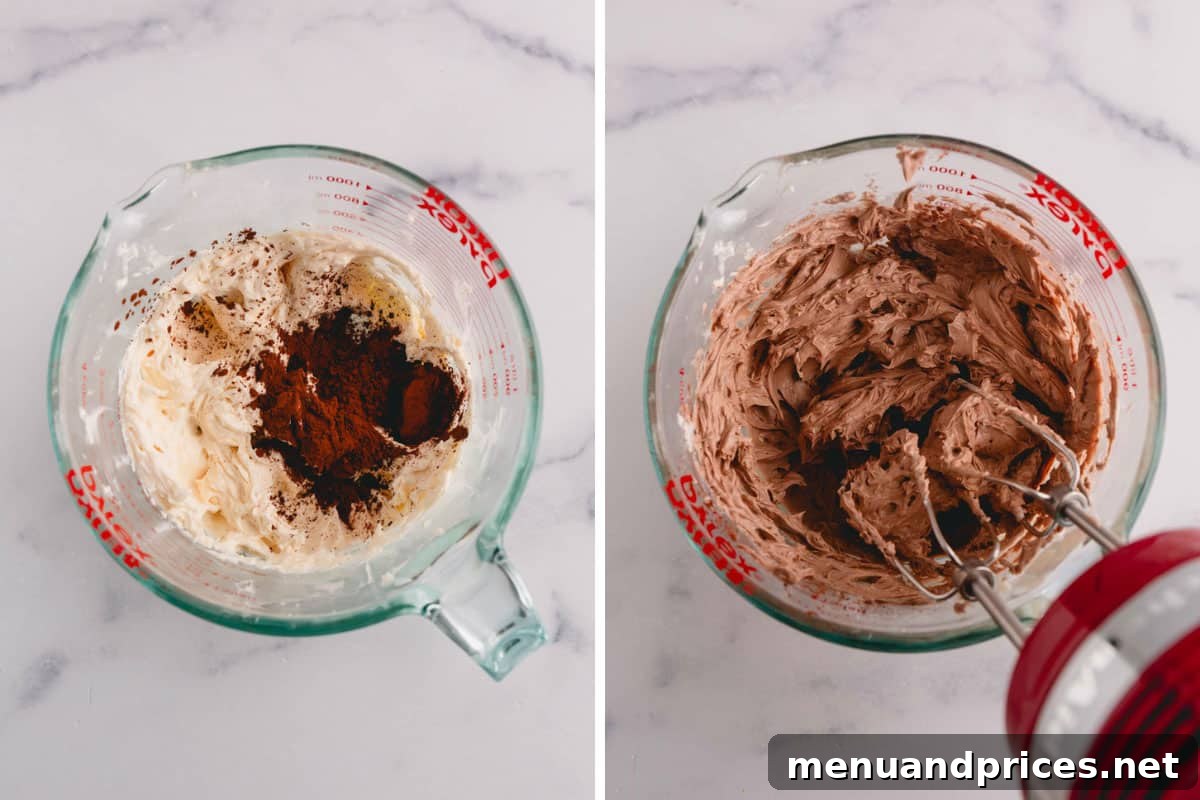 Luxe Chocolate Russian Buttercream 6 Cocoa powder and salt being gently blended into the creamy mixture of whipped butter and condensed milk in a stand mixer.
