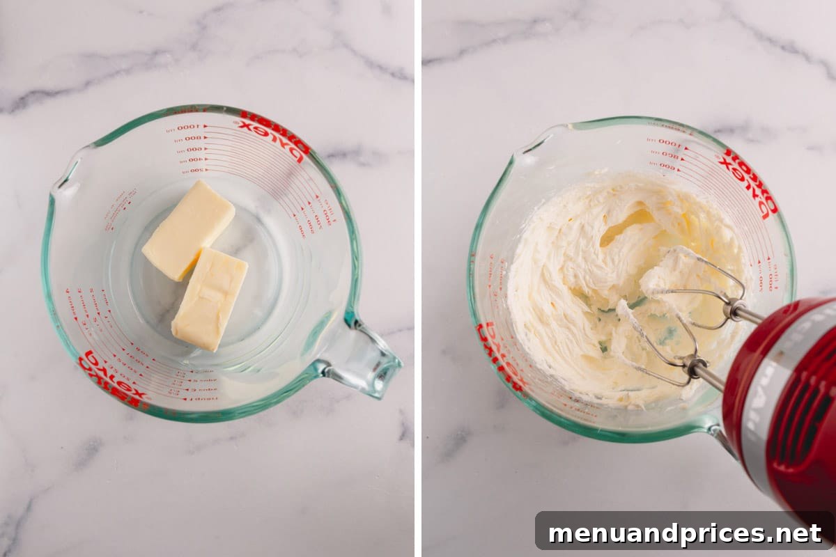 Classic Vanilla Russian Buttercream 5 Two sequential images illustrating the transformation of butter as it is whipped: from solid yellow to a light, pale, and fluffy texture.