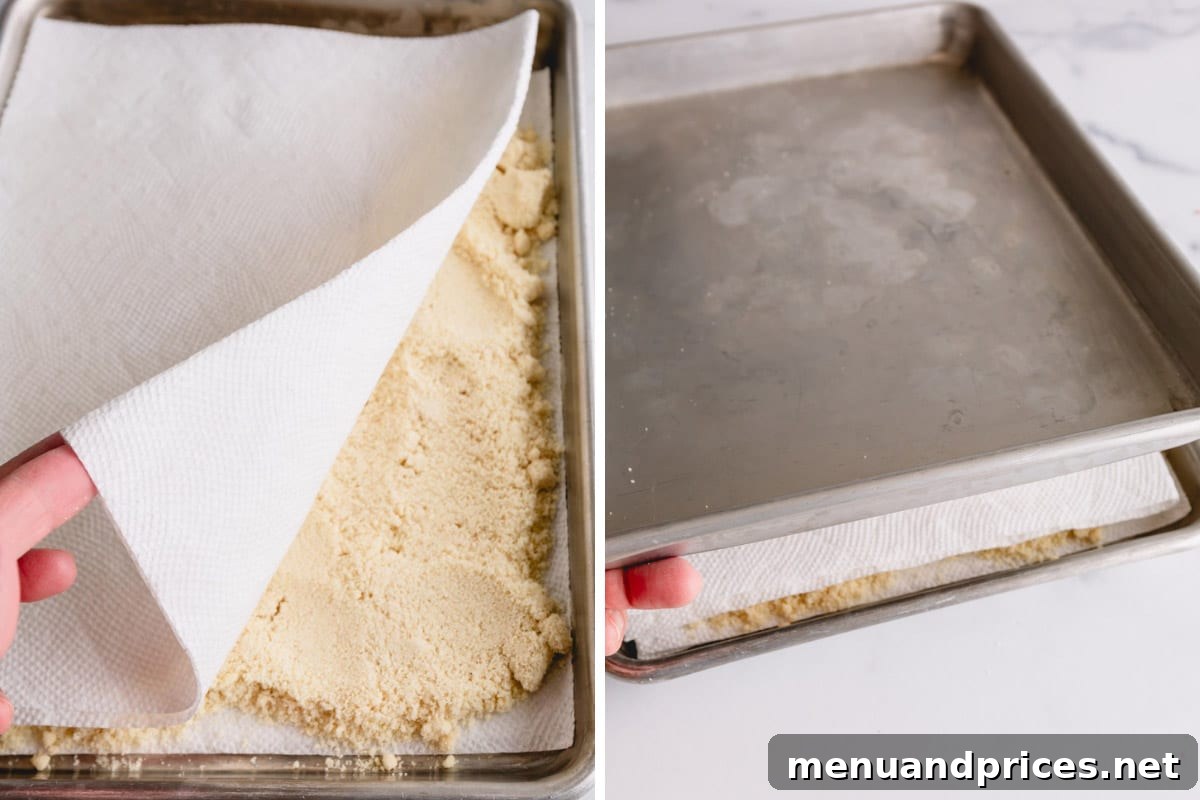 Mastering Dry Almond Flour: From Oily to Optimal 6 Side-by-side images illustrating the layering of almond flour between paper towels and two baking sheets.