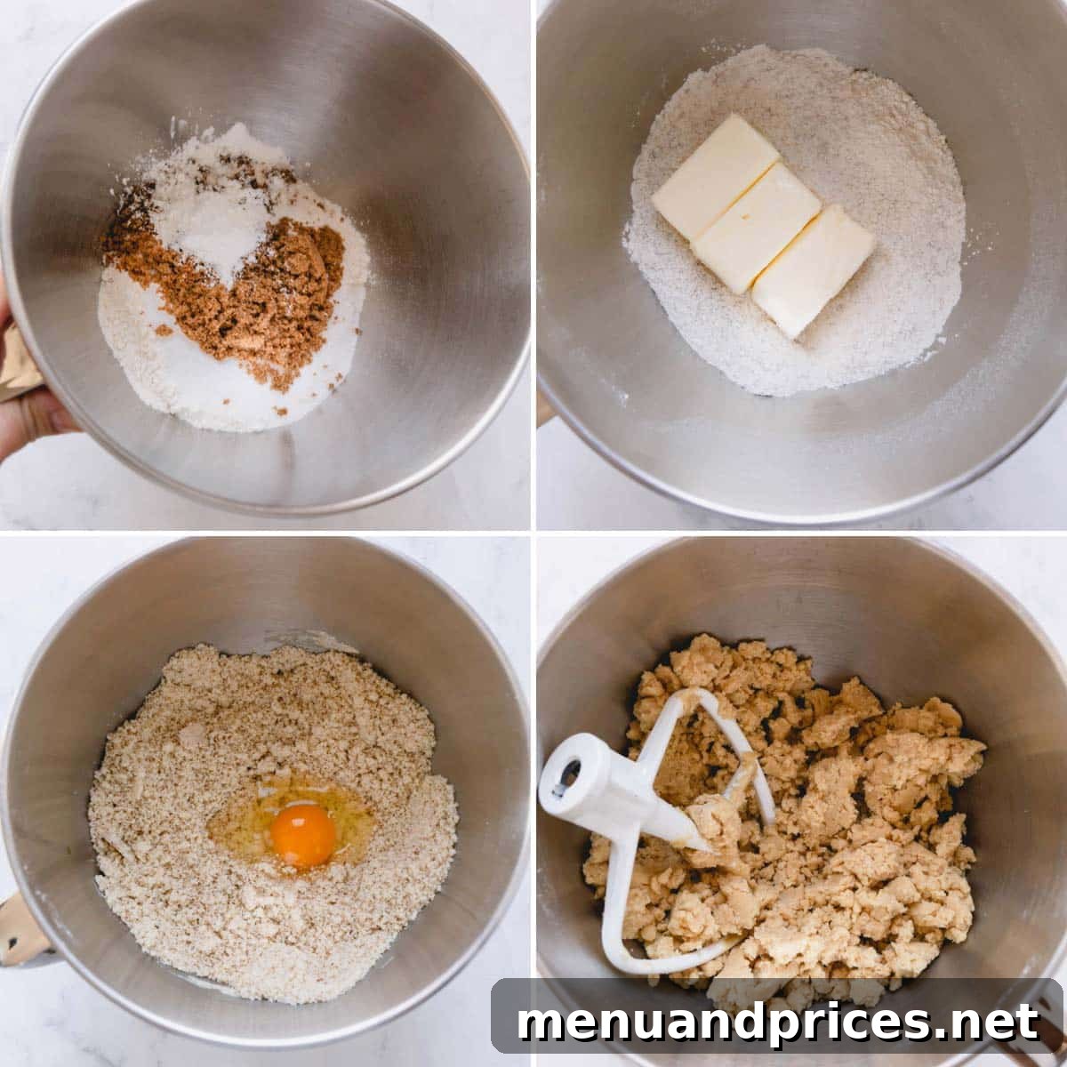 Four sequential photos showing the process of mixing sugar cookie dough in a stand mixer, from dry ingredients to a cohesive ball.