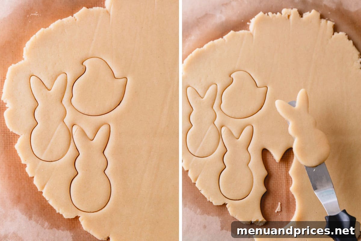 Close-up of sugar cookie dough being meticulously cut into Peep and bunny shapes using festive Easter cookie cutters.
