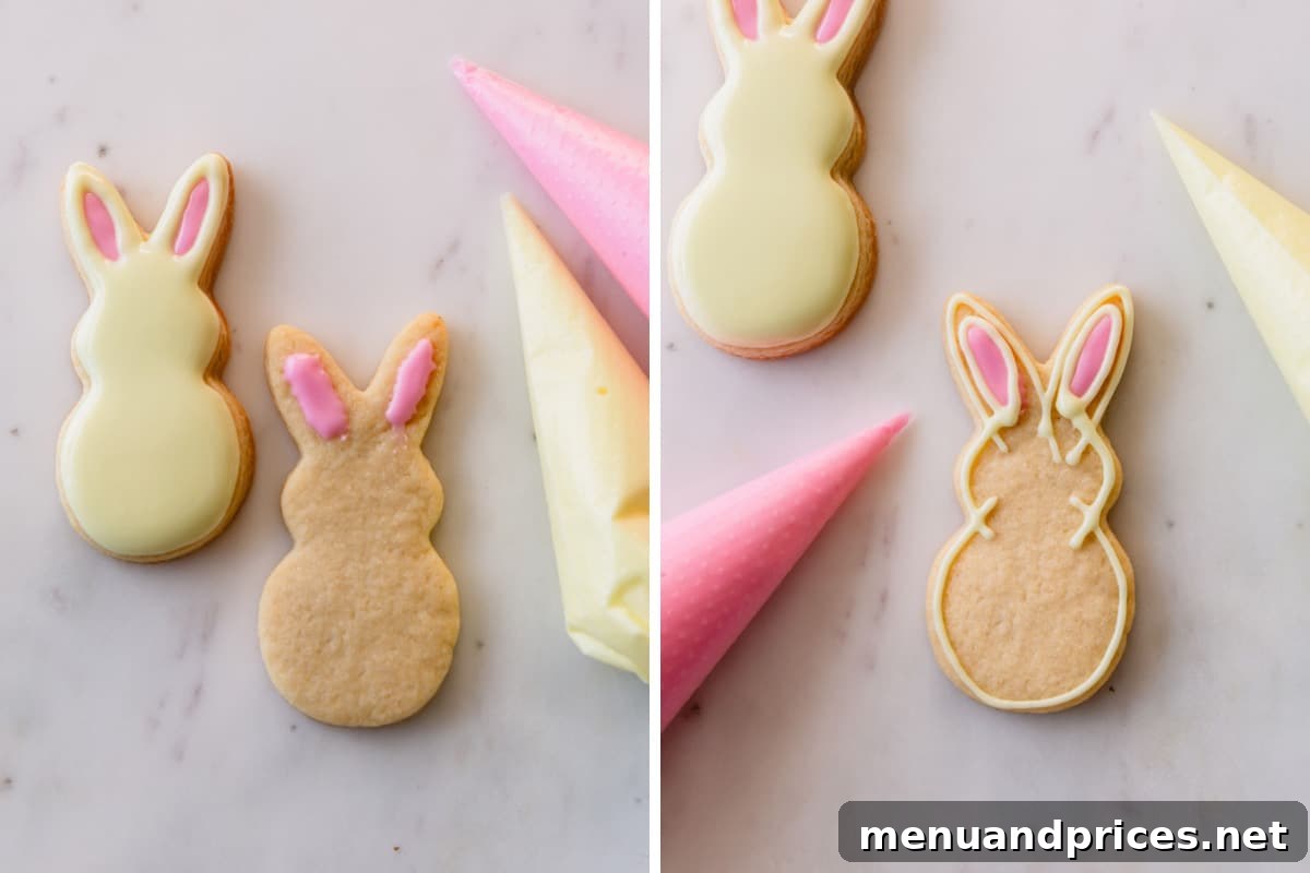 Step-by-step decoration of bunny-shaped Easter sugar cookies, showing pink royal icing being piped for ears onto a yellow base, followed by a finished cookie.