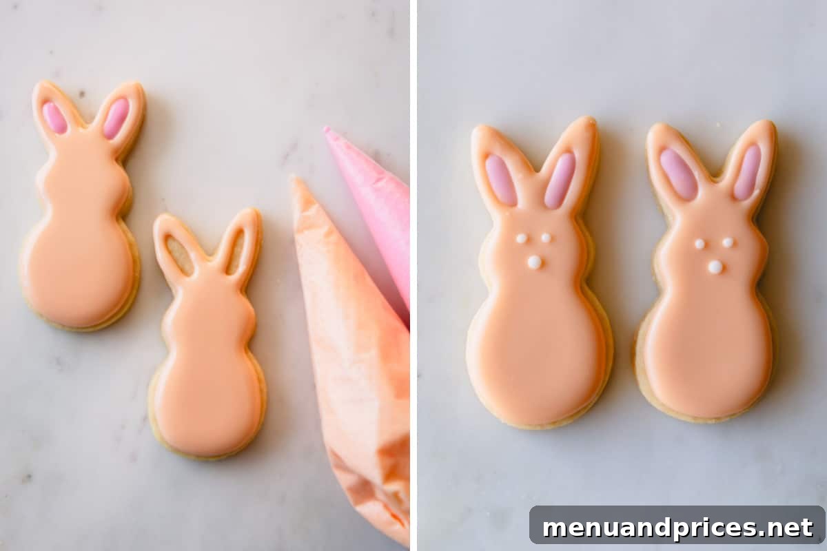 Two adorable pink Easter bunny sugar cookies, showcasing Method 2 decoration with white eyes and noses, demonstrating an inset detail technique.