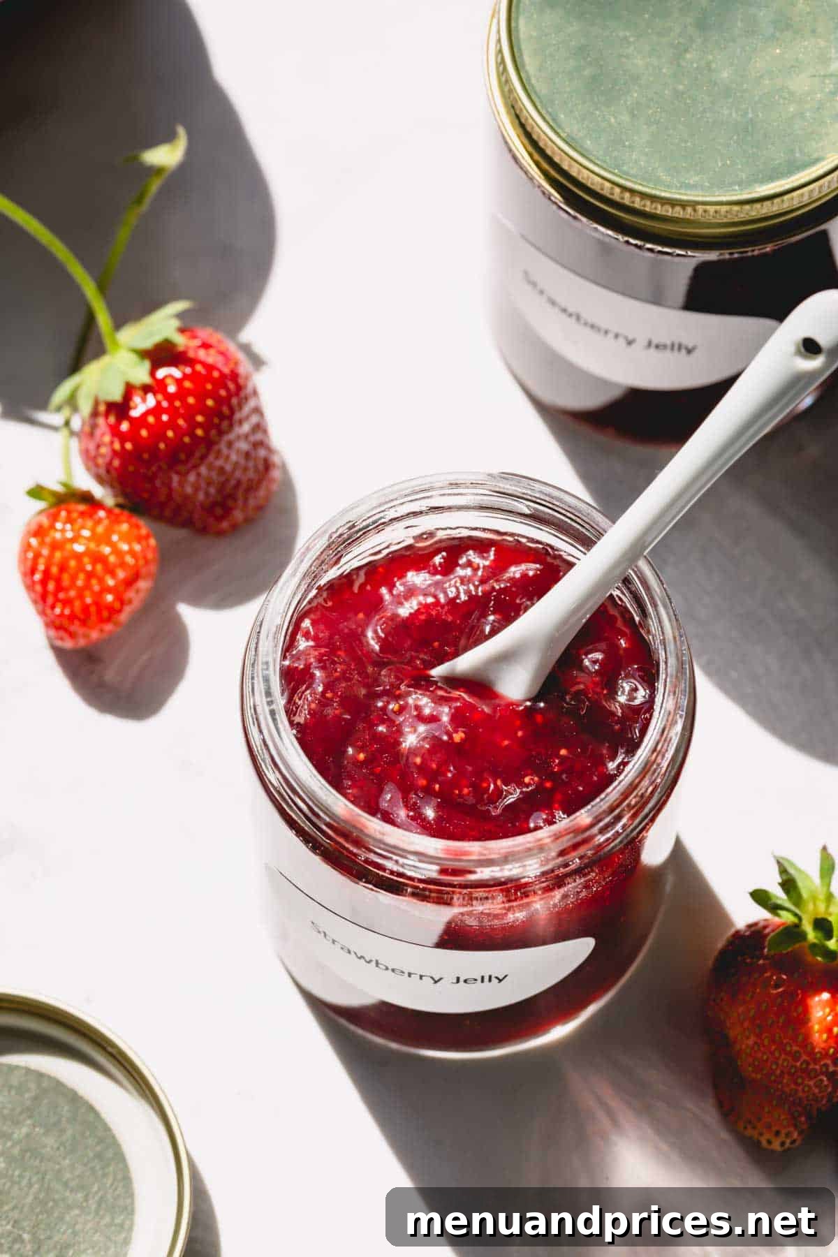 A glistening jar of homemade strawberry jam, with a spoon resting inside, inviting you to taste its fresh sweetness.