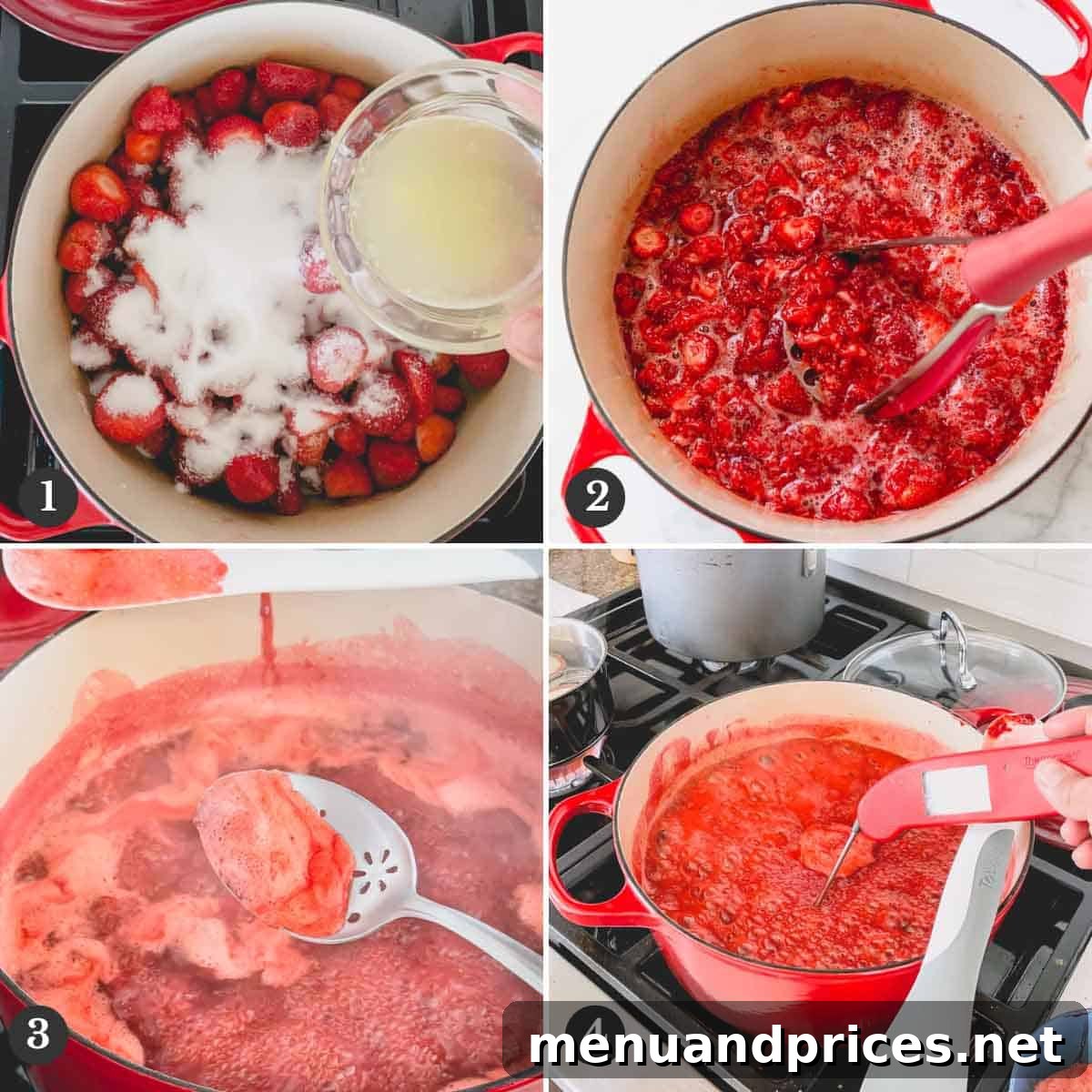 Step-by-step photos illustrating the process of making strawberry jam in a Dutch oven, showing the berries mashing and simmering.