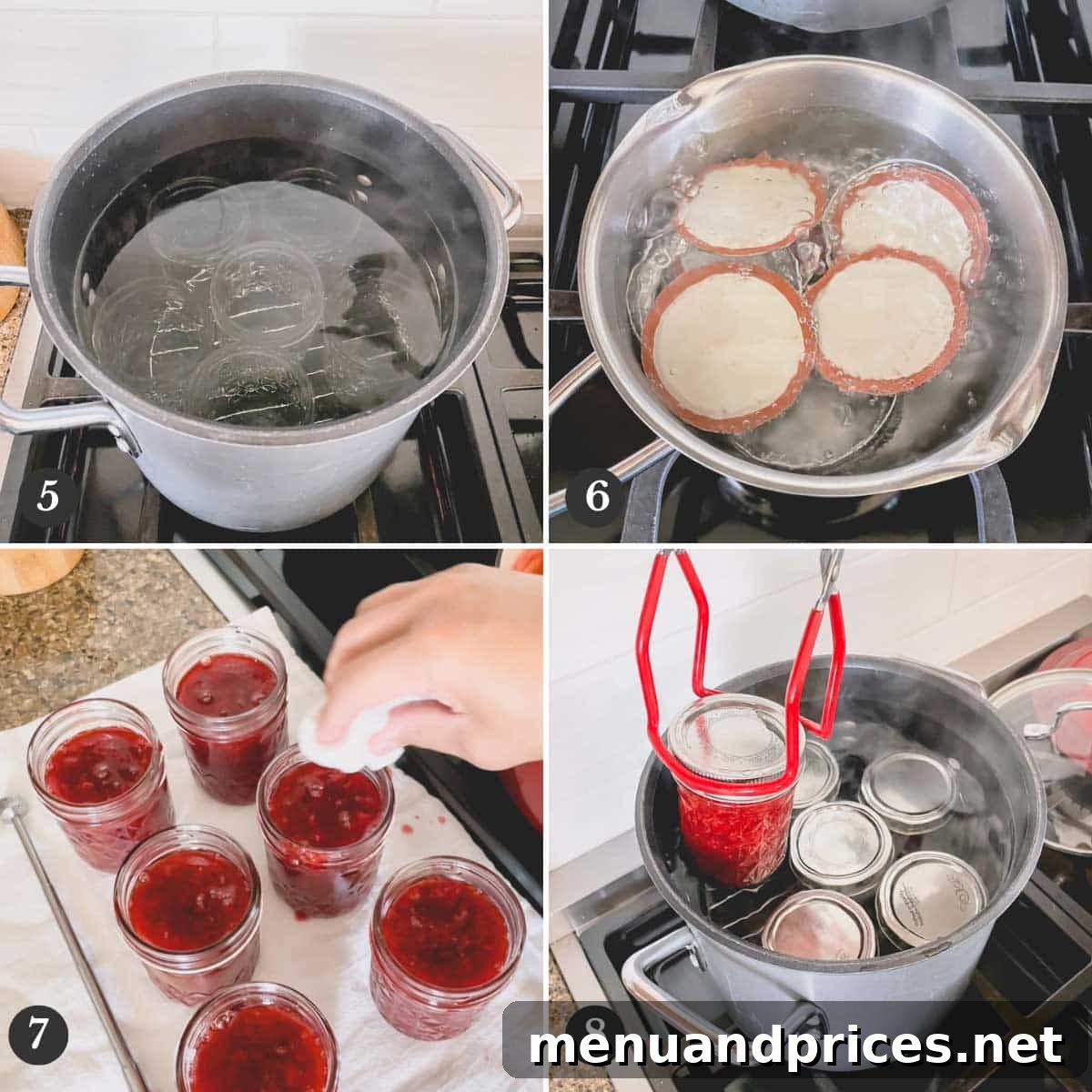 Step-by-step photos demonstrating the water bath canning process for strawberry jam, showing jars submerged in boiling water.