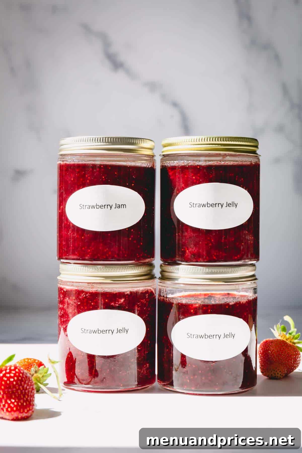 Four beautifully sealed jars of homemade strawberry jam, ready for storage or gifting.