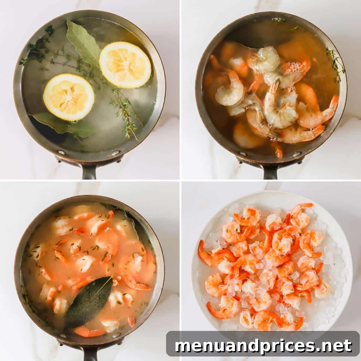 Zesty Prawn Cocktail 6 A four-panel image showing the step-by-step process of steaming shrimp for shrimp cocktail, from adding to the pot to placing in an ice bath.