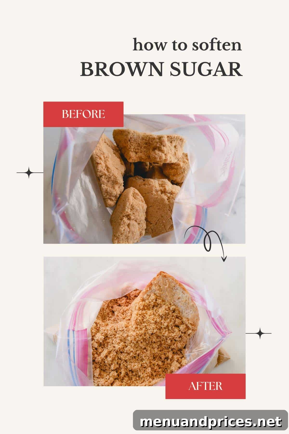 Rescue Your Hardened Brown Sugar 2 Two images side-by-side: a solid block of hard brown sugar on the left, contrasted with beautifully softened, sand-like brown sugar on the right, both contained within a clear freezer bag. This visual demonstrates the dramatic and successful transformation.