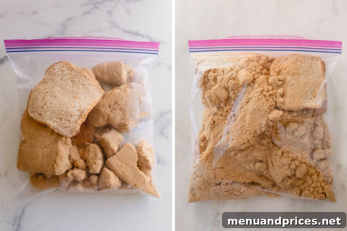 Rescue Your Hardened Brown Sugar 3 A side-by-side comparison within a sealed freezer bag, showcasing hard brown sugar on one side and beautifully soft, rehydrated brown sugar on the other, demonstrating the method's effectiveness.