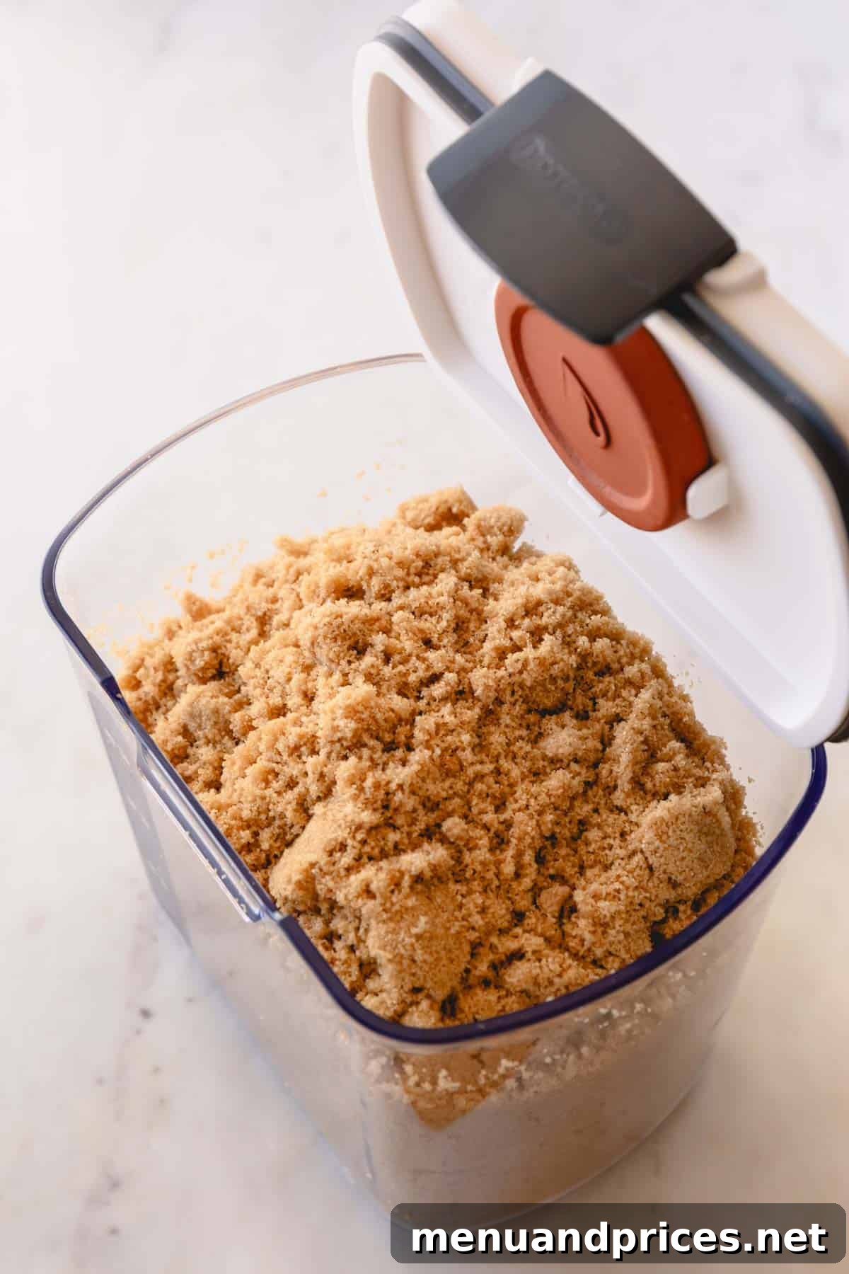 Rescue Your Hardened Brown Sugar 5 Soft brown sugar perfectly stored in a clear, airtight brown sugar container, with a terra cotta disk visibly attached to the underside of the lid, showcasing ideal long-term storage.