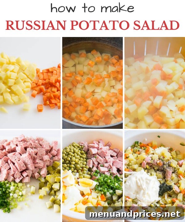 Timeless Russian Olivier 5 A visual step-by-step guide illustrating the various stages of making a hearty and traditional Russian potato salad.