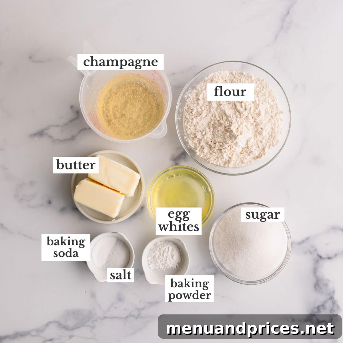 Effortless Leftover Bubbly Treats 3 Collection of champagne cupcake ingredients laid out on a surface.