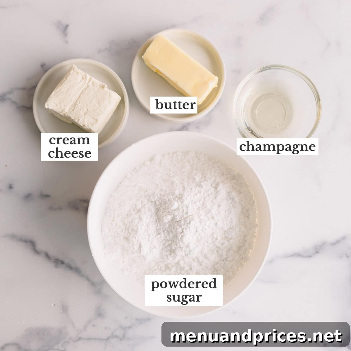 Effortless Leftover Bubbly Treats 4 Ingredients for making champagne frosting, including champagne, cream cheese, butter, and powdered sugar.