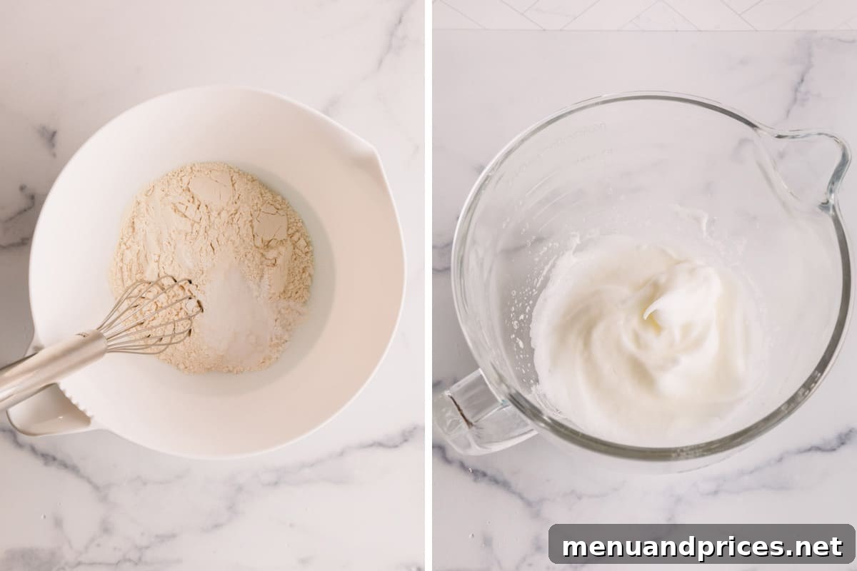 Effortless Leftover Bubbly Treats 5 Side by side images showing dry ingredients being mixed and fluffy whipped egg whites in a bowl.