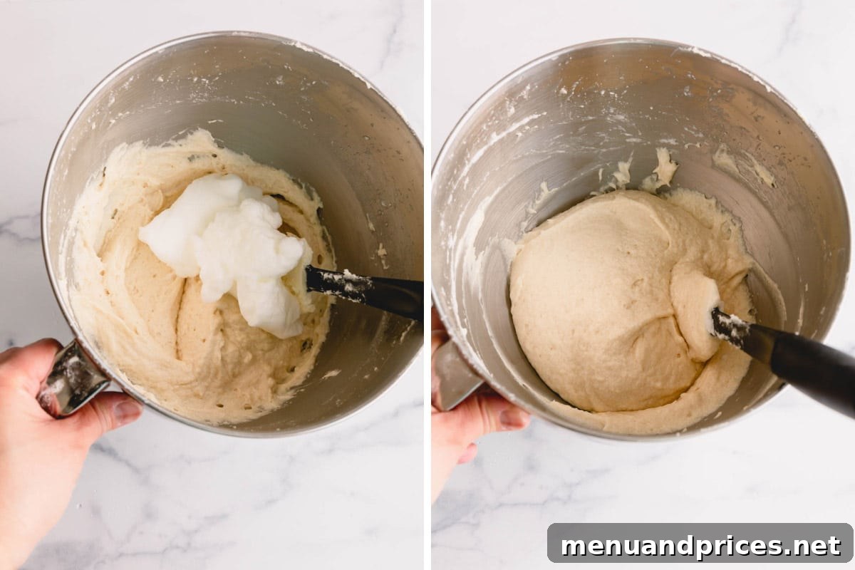 Effortless Leftover Bubbly Treats 7 Side by side images demonstrating the folding of whipped egg whites into the cupcake batter.