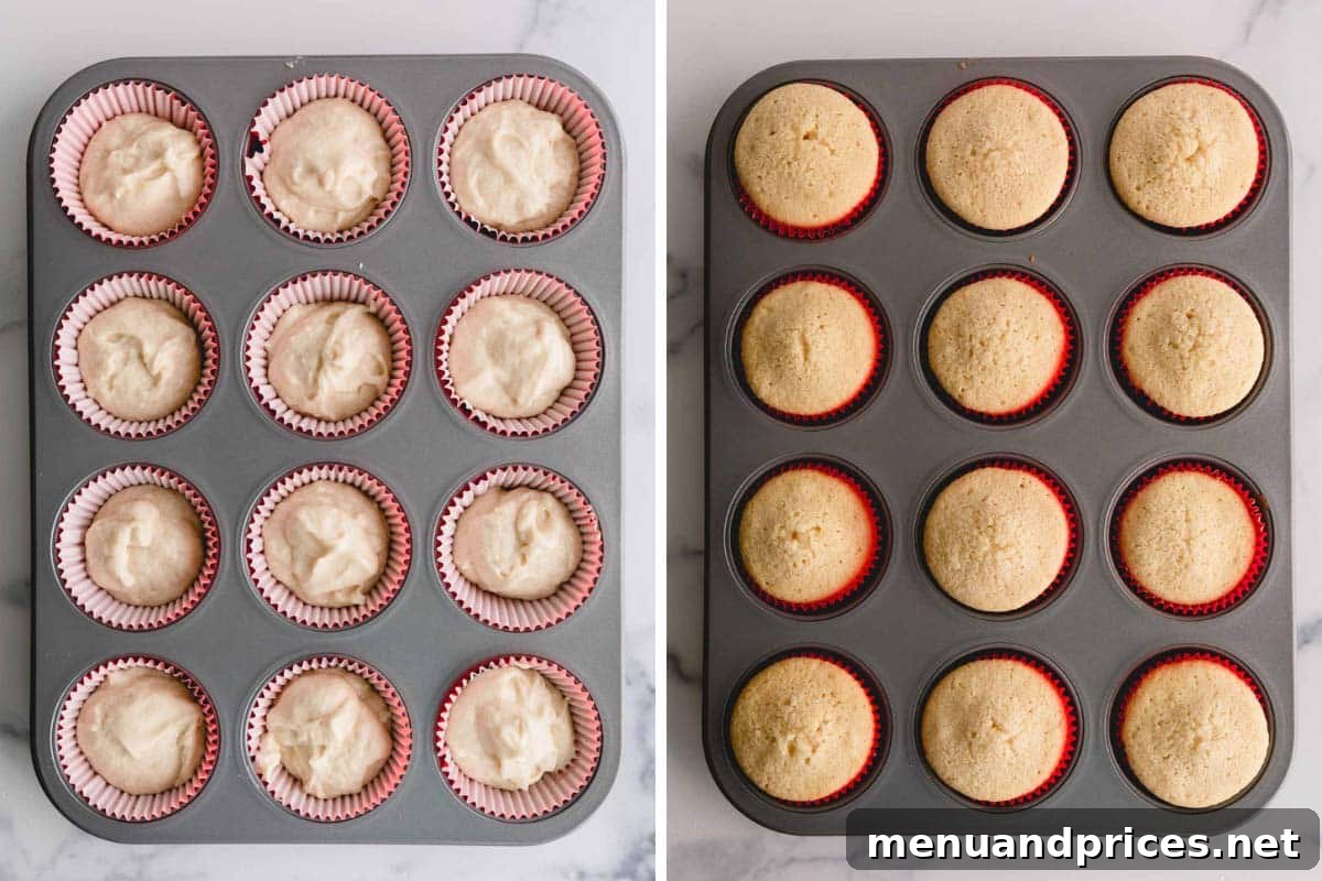 Effortless Leftover Bubbly Treats 8 Side by side images of raw cupcake batter in a muffin pan and perfectly baked cupcakes.