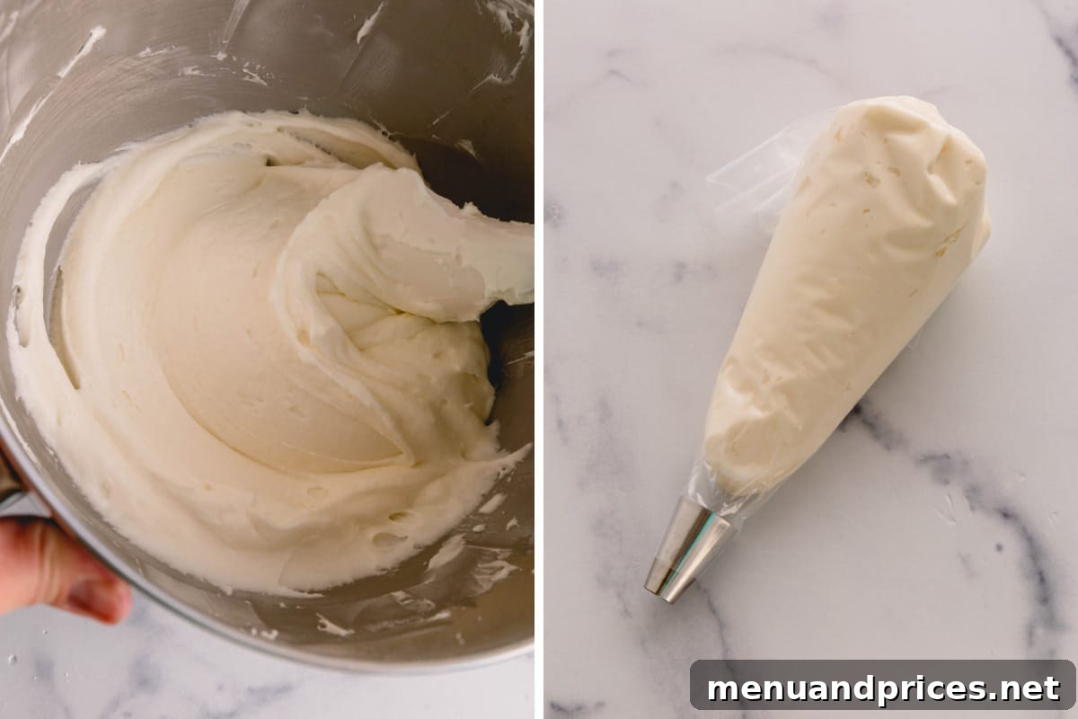 Effortless Leftover Bubbly Treats 9 Side by side images of whipped champagne frosting in a bowl and frosting piped into a bag.