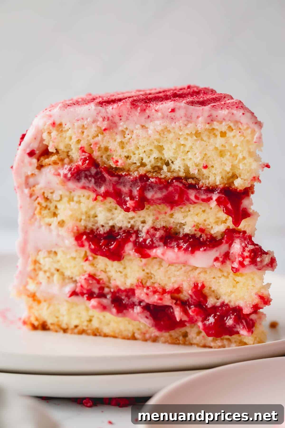 A slice of raspberry layer cake with visible layers of frosting and jam, standing upright on a white plate.