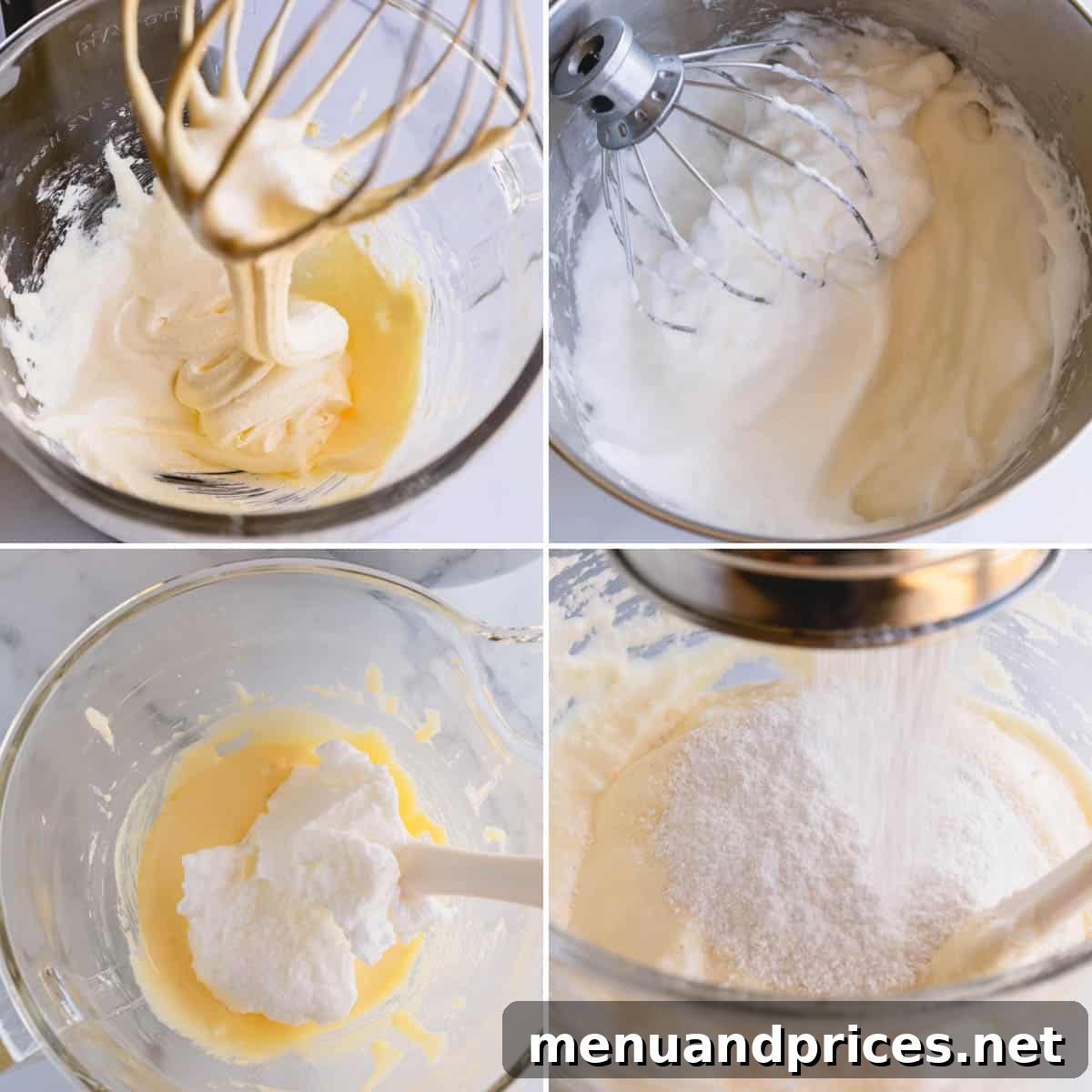 A four-image collage showing the process of mixing sponge cake batter in a stand mixer, from separating eggs to combining ingredients.