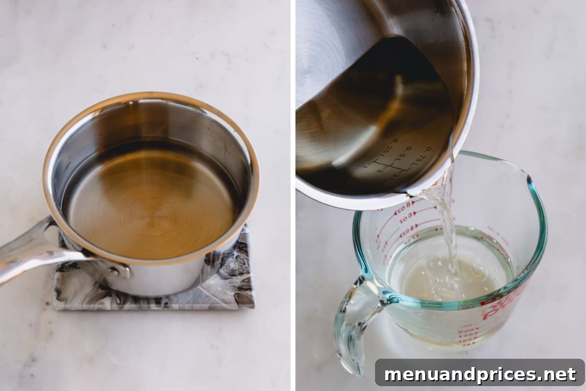 Two images showing the process of making simple syrup, from combining ingredients in a saucepan to pouring the finished syrup into a glass measuring cup.