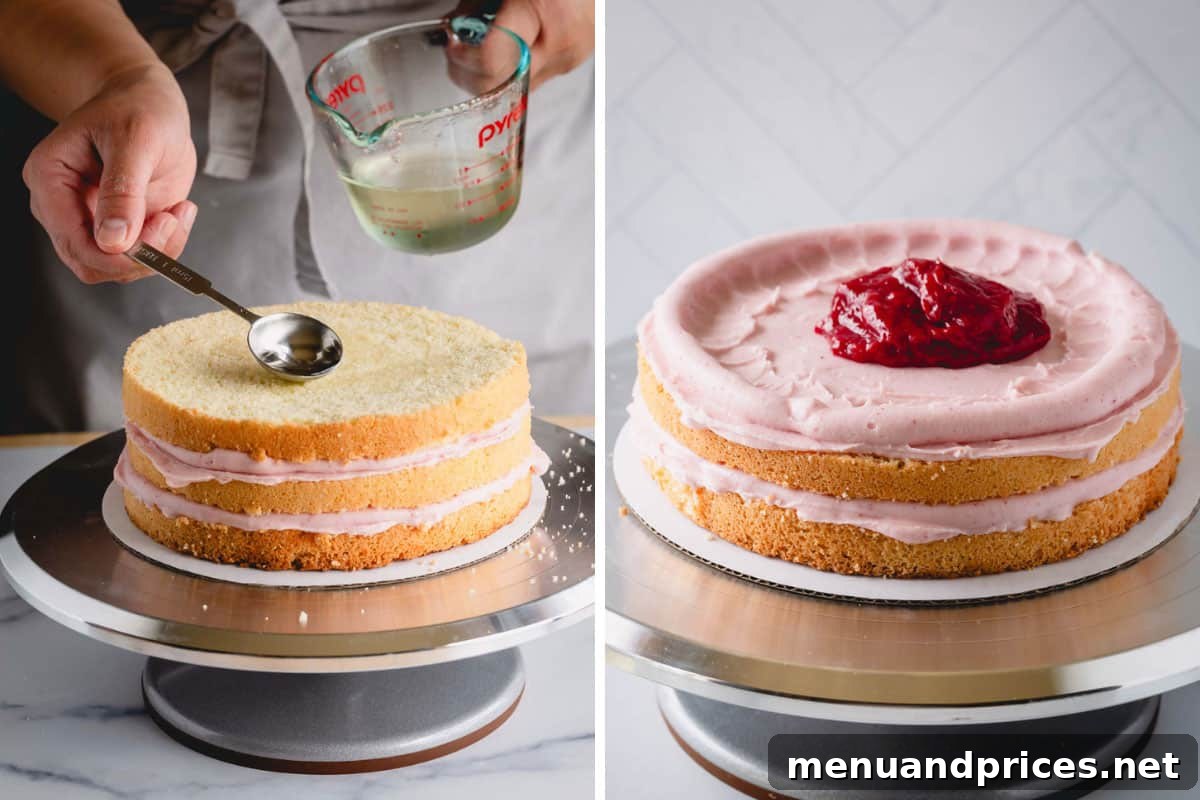 A raspberry layer cake being assembled, showing layers of sponge, simple syrup, raspberry frosting, and raspberry jam filling.