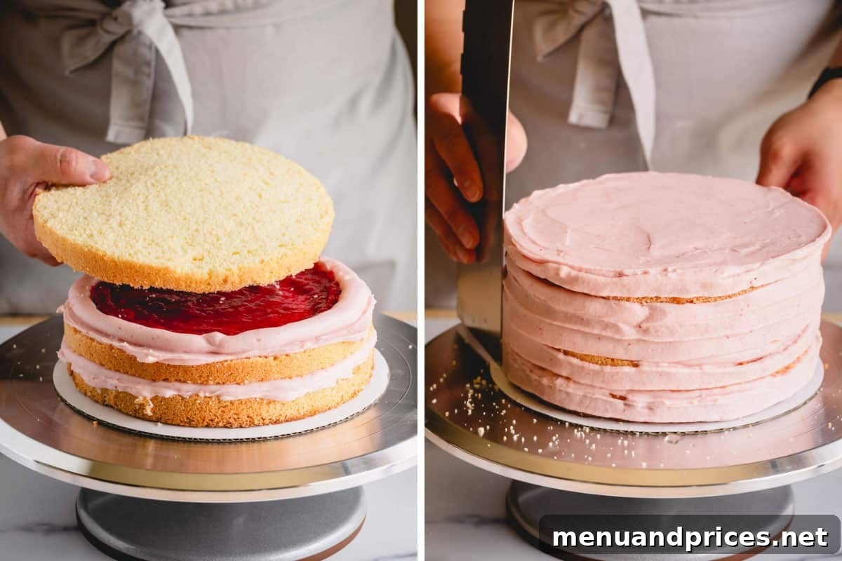 A third layer of sponge cake being placed on a raspberry layer cake, with raspberry frosting being smoothed on top.