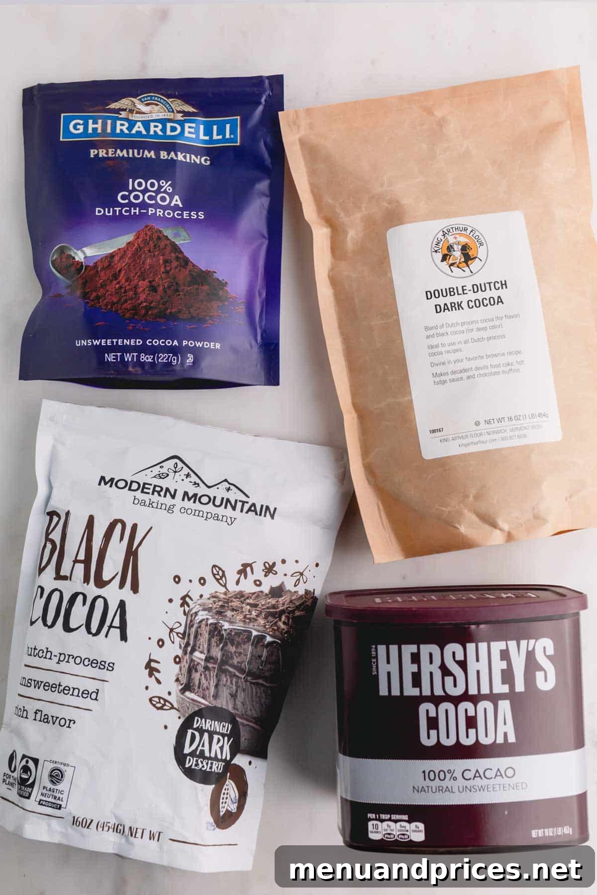 Mastering Cocoa Powder Your Guide to Varieties and Their Best Uses 4 Four bags of different brands and types of cocoa powder, highlighting packaging differences.