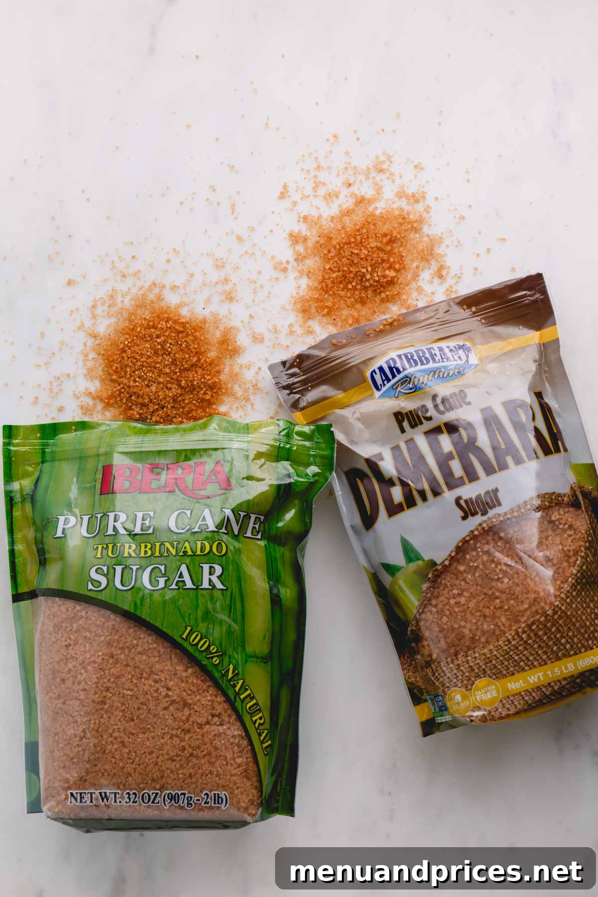 Bags of pure cane sugar and demerara sugar, illustrating different crystal sizes and colors.