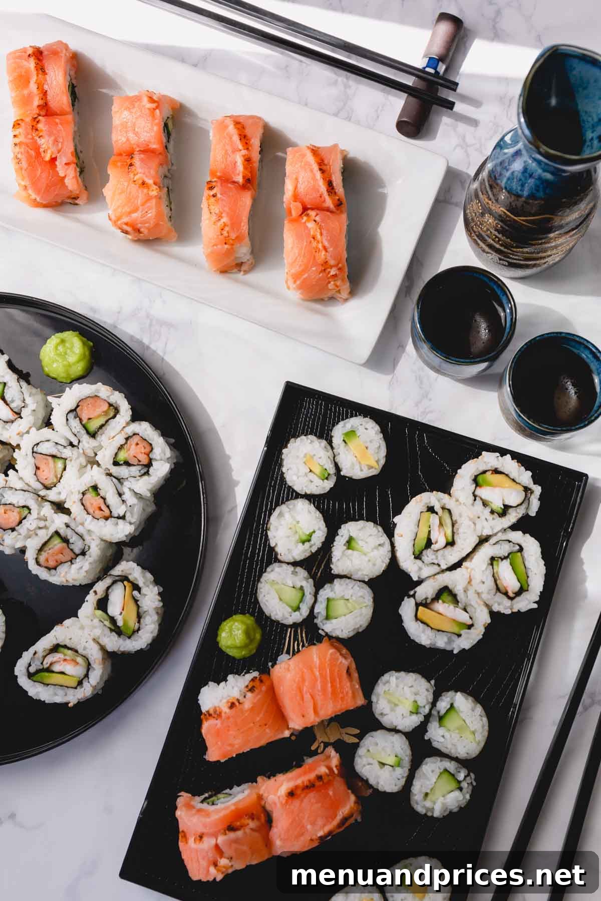 Crafting Delicious Sushi at Home 2 Various homemade sushi rolls on multiple platters, showcasing different fillings and arrangements.