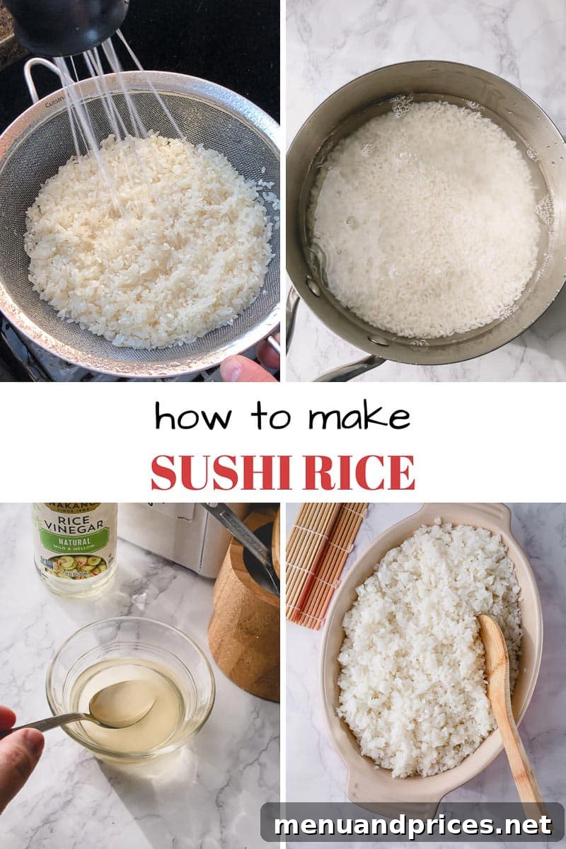 Crafting Delicious Sushi at Home 4 Step by step photos of cooking sushi rice, showing rinsing, cooking, and seasoning stages.