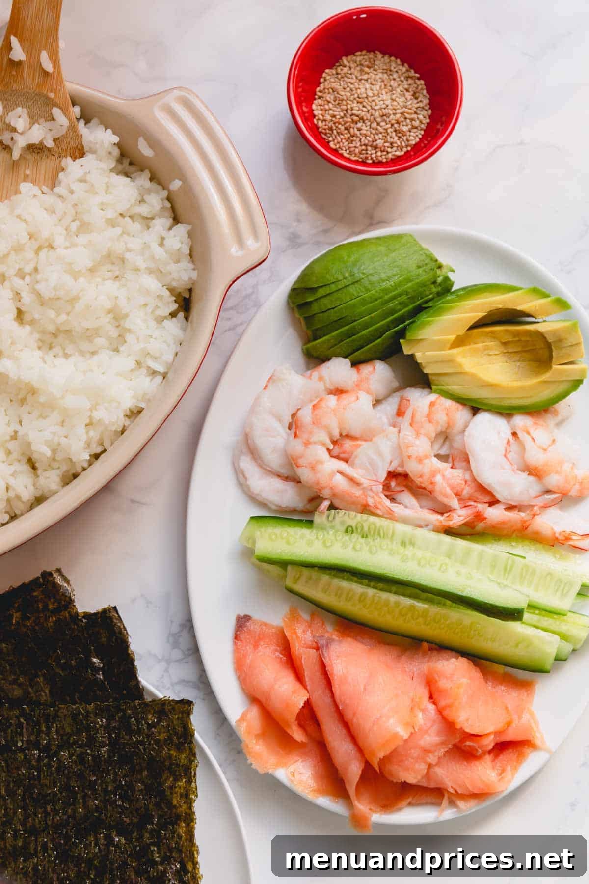 Crafting Delicious Sushi at Home 5 Sushi roll ingredients laid out on a cutting board, including sliced avocado, cucumber, and cooked shrimp.