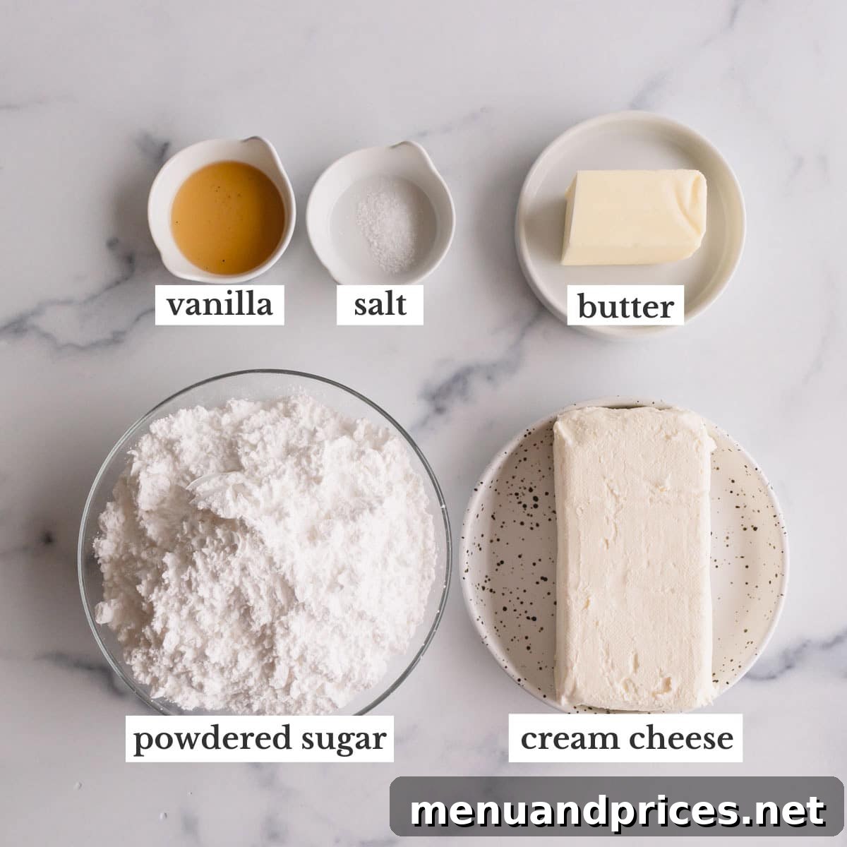 Effortless Cream Cheese Frosting Perfection 3 Cream cheese frosting ingredients artfully arranged on individual plates, ready for mixing.