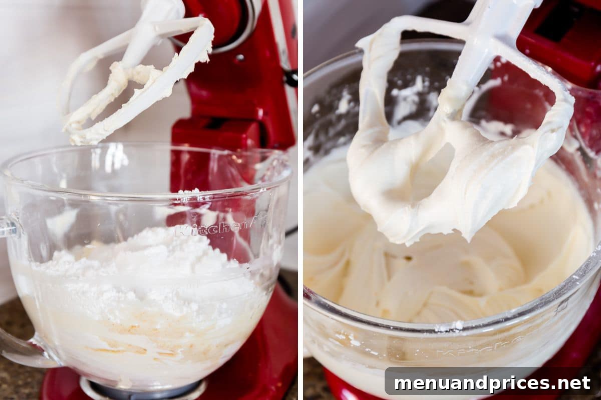 Effortless Cream Cheese Frosting Perfection 5 Side-by-side images depicting the process of whipping cream cheese with powdered sugar, transitioning from shaggy to smooth.