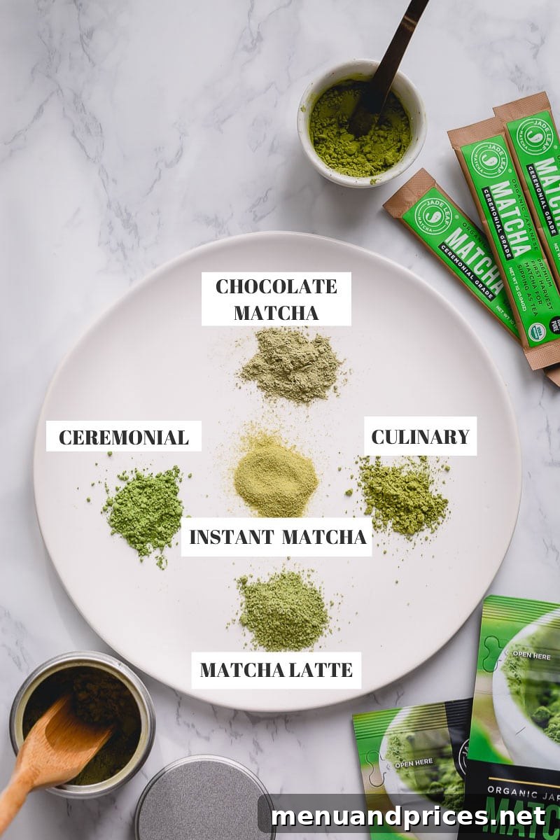 Matcha: A Beginner's Journey 3 Five different types of matcha powder are spooned on a white plate, showcasing varying shades of green.