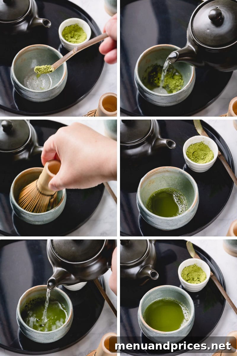 Matcha: A Beginner's Journey 4 Six images showing the step-by-step process of making matcha tea, from powder to whisking to finished drink.