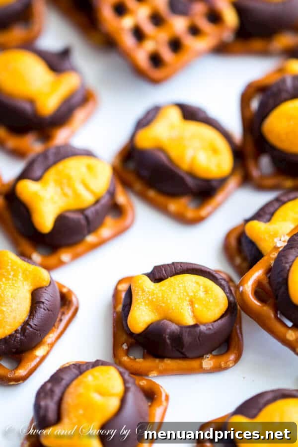 Goldfish Chocolate Crunchies 2 Delicious chocolate-covered Goldfish cracker bites, a perfect sweet and salty snack for any occasion.
